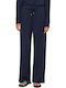 Women's High Rise Fabric Trousers with Rubber Band Blue