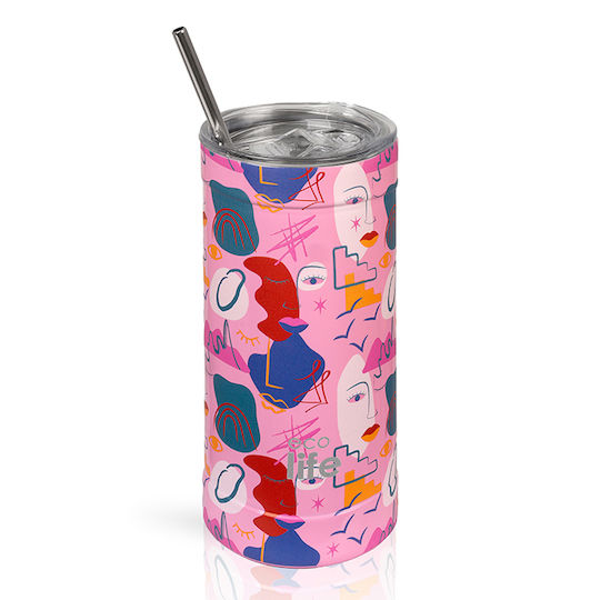 Ecolife Ecolife Thermosflasche Rostfreier Stahl / Aluminium BPA-frei 500ml Rosa mit Stroh