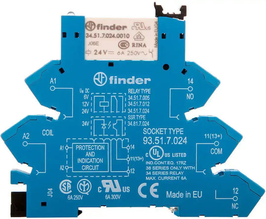 Finder Релета на релса 6A Еднополюсно с Напрежение 24V