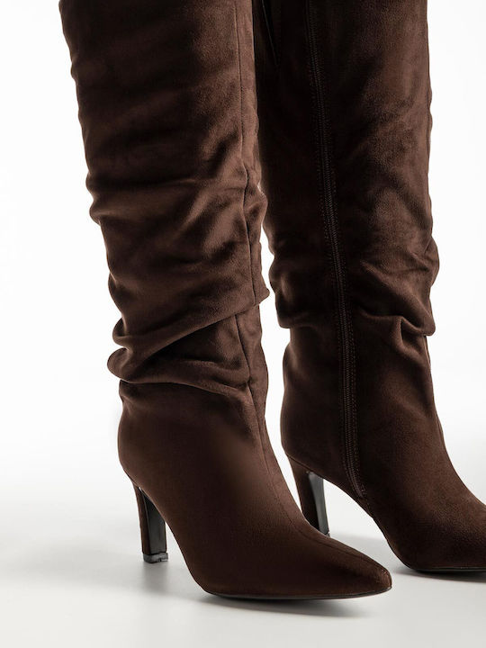 Wildleder Damenstiefel mit hohem Absatz Braune X27-301-9303-KAFE