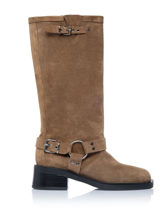 Leder Damenstiefel mit Mittelhohem Absatz Braun