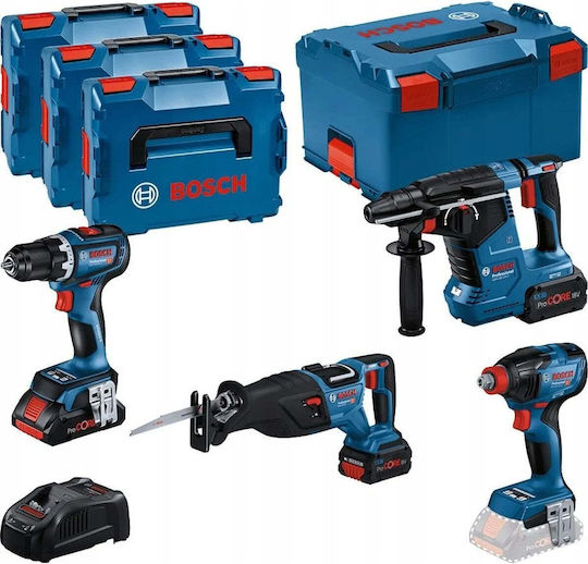 Bosch Set de Mașină de găurit, Șurubelniță cu impact, Excavator și Ferăstrău alternativ Fără perii 18V cu 3 Baterii 4Ah - 5.5Ah și Husă