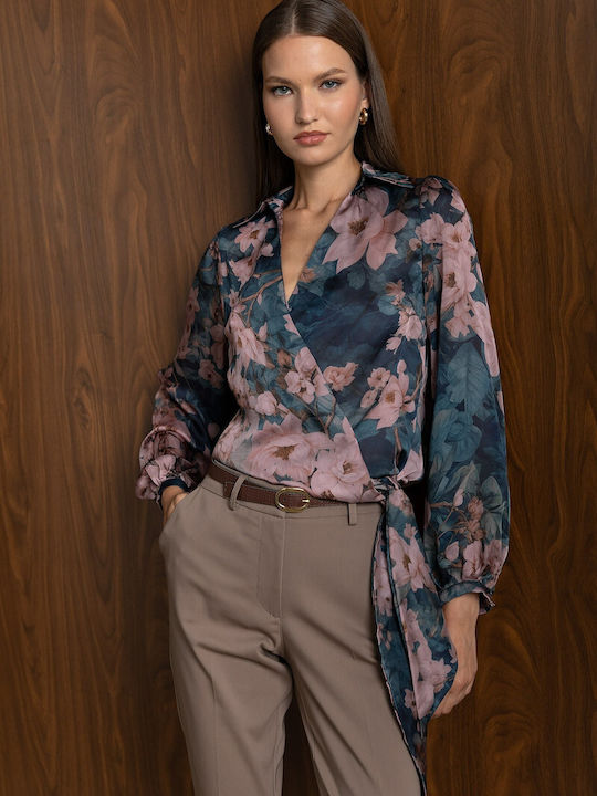 Langärmeliges Damen-Satin-Hemd Blau