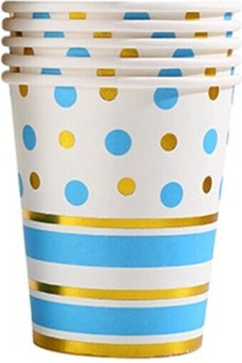 Set 10 Pahare Flippy Cu Buline Dungi Imprimeu Carton 250 Ml 7.5 X 8.5 X 5.2 Cm Albastre Aurii