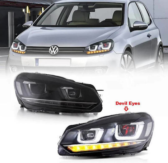 Предни Фарове Комплект Vw Голф Vi 6 08-12 Дневни Светлини U-Тип & Динамични Светлини & Devil Eye Черни H7/H7 Мотор Vland