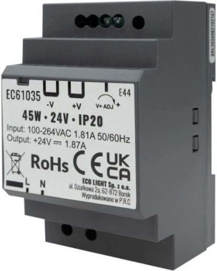Eco Light Τροφοδοτικό Ράγας με Έξοδο 24V και Ισχύ 45W
