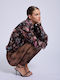 Long Sleeve Women's Silky Shirt Brown-Blue-Pink Floral