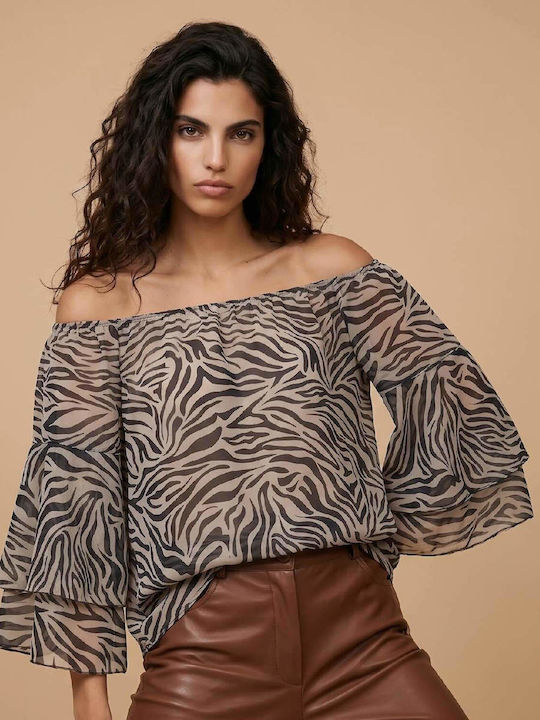 Γυναικεία Μπλούζα με Μανίκι 3/4 Animal Print Καφέ