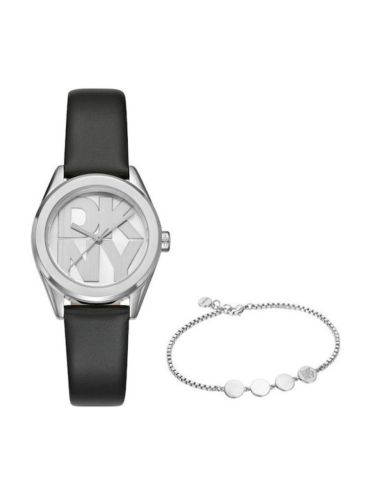 Logo Set Womens Battery Watch with Black Leather Strap