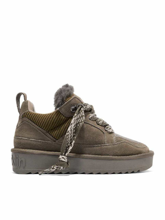 Suede Damen Stiefeletten mit Pelz Khaki