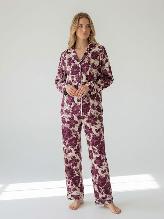 Harmony Set Pijamale De Damă Satin Burgund Iarnă