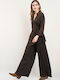 Women's Brown Set with High Rise Trousers Striped