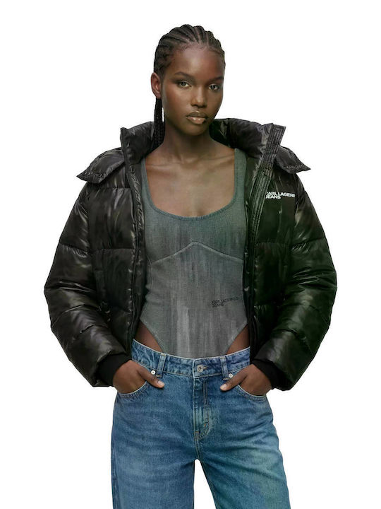 Crop Дамско Puffer Яке за Зима Черно