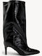 Schwarze Krokodilleder Damenstiefel Mit Pelz Mit Spitzer Linie