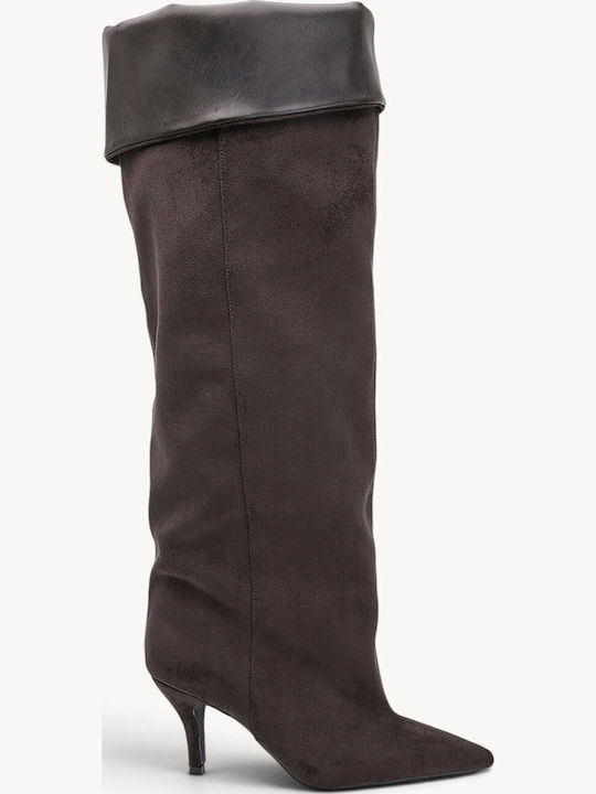 Braune Wildleder Damenstiefel mit Umgekehrtem Abschluss und Spitzem Schnitt