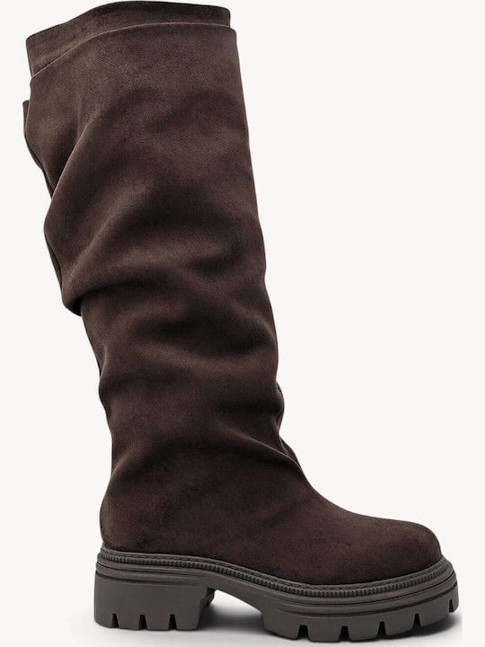 Braune Wildleder Damenstiefel Slouchy Traktorenprofil Sohle