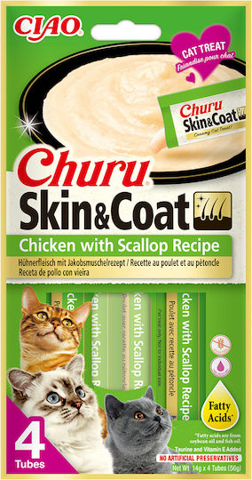 Churu Skincoat Gustare Suplimentară Pentru Pisici Cu Pui și Scoici 4 X 14 G