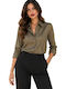 Long Sleeve Women's Satin Shirt Olive Green Striped