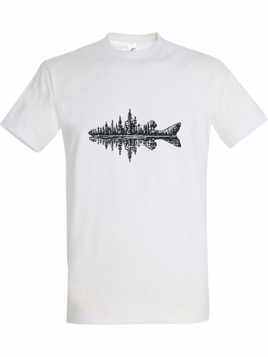 T-shirt Унисекс Бял Forest Fish Silhouette Moun...