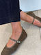 Wildleder Damen Ballerinas Spitz zulaufend Mary Jane mit Riemchen / Riemchenverschluss Khaki