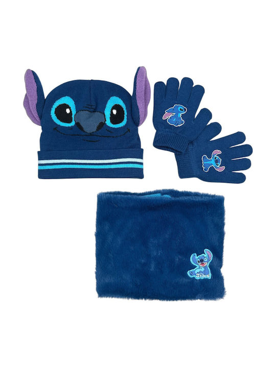 Lilo & Stitch Σετ Παιδικό Σκουφάκι με Κασκόλ & Γάντια Πλεκτό Μπλε