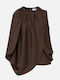 Damen Bluse Satin Ärmellose Drapierung Schokolade