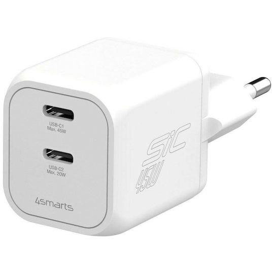 4Smarts Încărcător Fără Cablu cu 2 Porturi USB-C 45W Power Delivery Alb (PDPlug SiC)