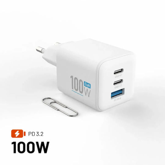 Fixed Încărcător Fără Cablu GaN cu Port USB-A și 2 Porturi USB-C 100W Power Delivery Alb (Mini)