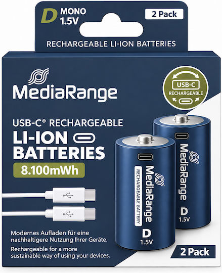 Mediarange Rechargeable Usb-c Li-ion Batteries Mono D I 1.5v I 8.100mwh I 5.400mah 2-pack