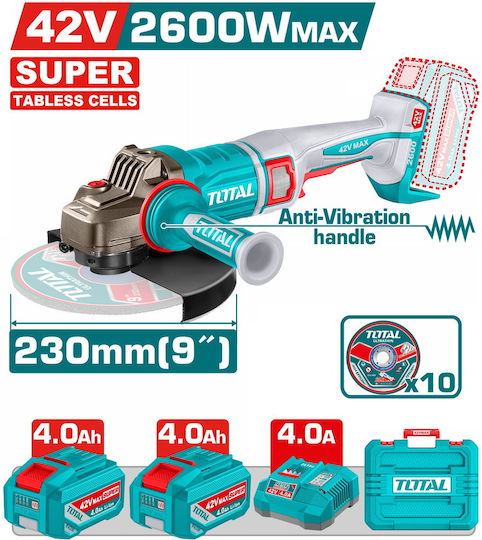 Total TAGLI4260182 Polizor 230mm Cu Baterie Brushless 2x4Ah