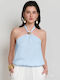 Women's Sleeveless Blouse with Neck Tie Light Blue