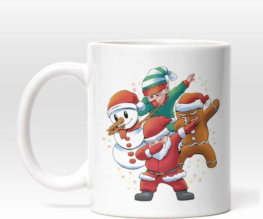 Santa's Team Showing The Dabb Pose, Christmas Holidays, Multicolor Χριστουγεννιάτικη Κούπα Κεραμική Λευκή 330ml (με Προσωποποίηση)