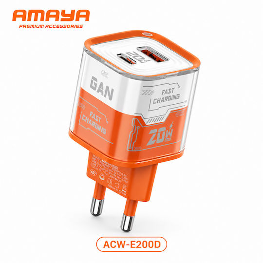 Amaya Зарядно Устройство Без Кабел GaN С USB-A Изходен Порт И USB-C Изходен Порт 18W Оранжево ACW-E200D