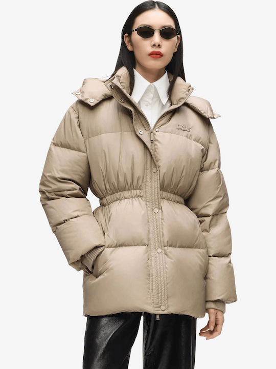 Дълго дамско Puffer яке за зима бежово