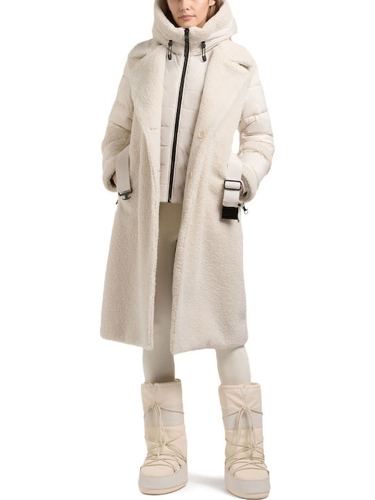 Lange Damen-Pufferjacke für den Winter in Ecru