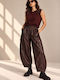 Women's Leather Cargo Trousers with Rubber Band in Loose Fit Brown RAGE 19172 BR