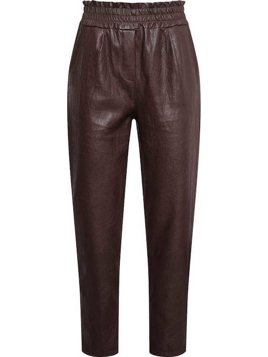 Celestino Damen Lederhose mit Volant Hochbund Dunkelbraun