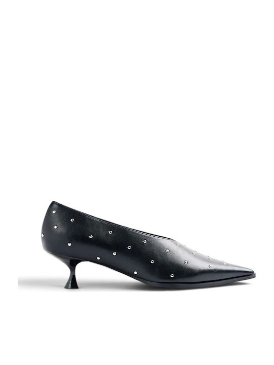 Leder Spitze Zehe Pumps mit niedrigem Absatz Schwarz