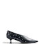 Leder Spitze Zehe Pumps mit niedrigem Absatz Schwarz