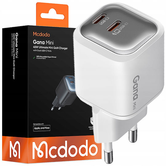 Mcdodo Încărcător Fără Cablu GaN Cu 2 Porturi USB-C 45W Power Delivery Alb (Gana Mini)