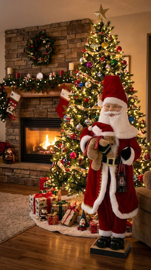 Beleuchteter Aufblasbarer Weihnachtsmann mit Stromanschluss, Musik und Bewegung, Rot, Aus Stoff, 110 cm