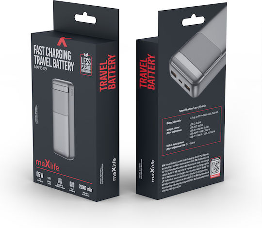 Maxlife MXPB-09 Външна батерия 20000mAh 65W Захранване с висока мощност / Бързо зареждане Черна