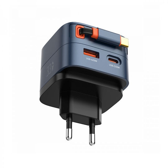 Ldnio Φορτιστής GaN με Θύρα USB-A και Θύρα USB-C και Καλώδιο USB-C 33W Power Delivery / Quick Charge 3.0 Μπλε (Q9)