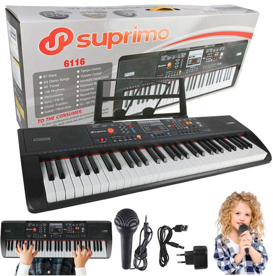 SUPRIMO Orga electronică 6116 cu 61 de clape dinamice, cu suport pentru partituri, Neagră