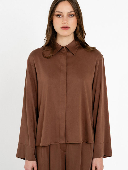 Langärmeliges Damen-Satinhemd Dark Brown
