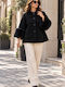Damen-Oversize-Halbmantel in Schwarz mit Pelzdetails
