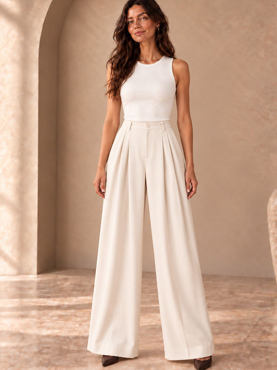 Pantaloni Largi de Damă cu Elastic Ivoire