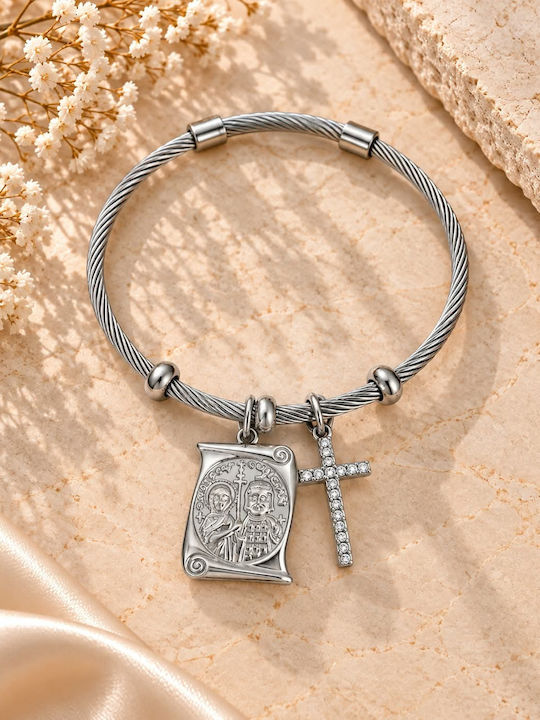 Silver Stainless Steel Cuff Bracelet With Byzantine Icon & Crystal Cross