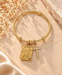 Stainless Steel Cuff Bracelet With Byzantine Icon & Cross Charm