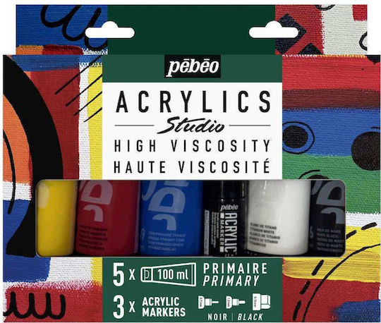 Комплект Акрилни Бои Studio Acrylics Основни Цветове 5x100 мл + 3 Маркера Pébéo